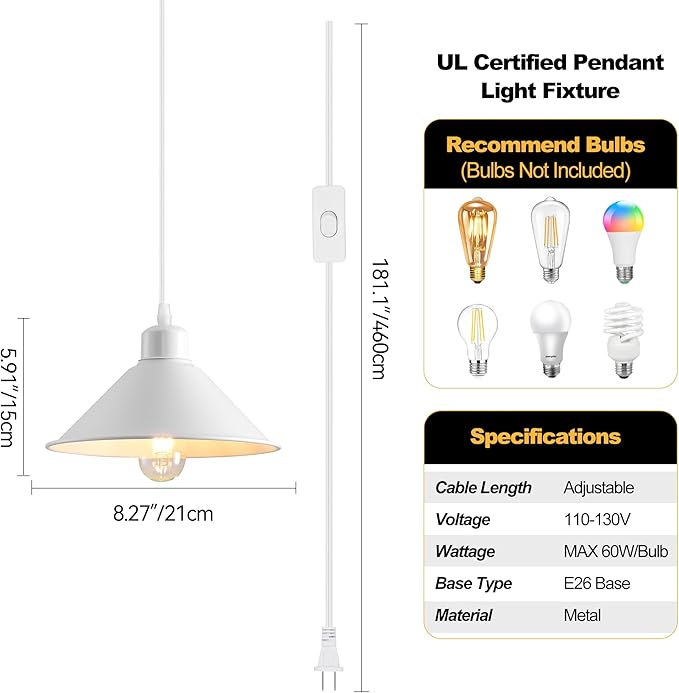 8.2IN Plug in Pendant Light, 2 Pack Industrial Hanging Lamp White Vintage Pendant Lighting Fixtures with 15ft Cord On/Off Switch for Kitchen Island Dinning