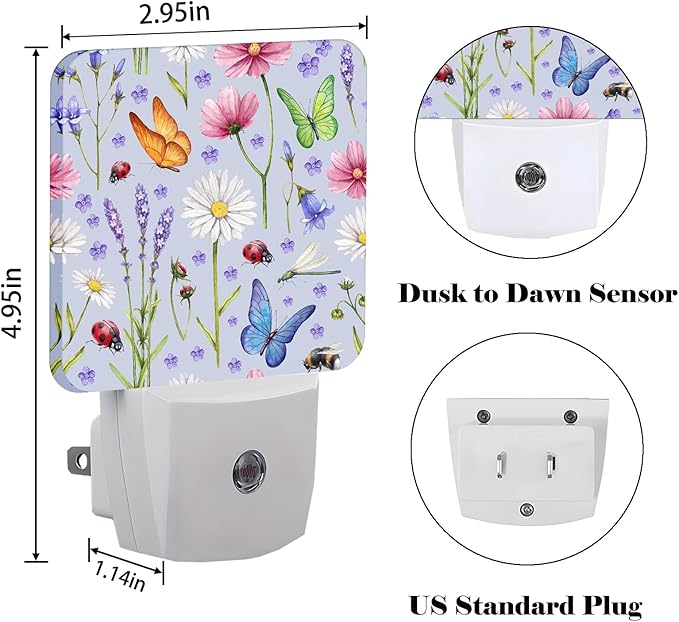 Wild Flowers and Insects Butterflies Night Light,Plug Into Wall for Boys Girls Bedroom Decorative Square Night Light Lamp 0.5w Sleep Friendly