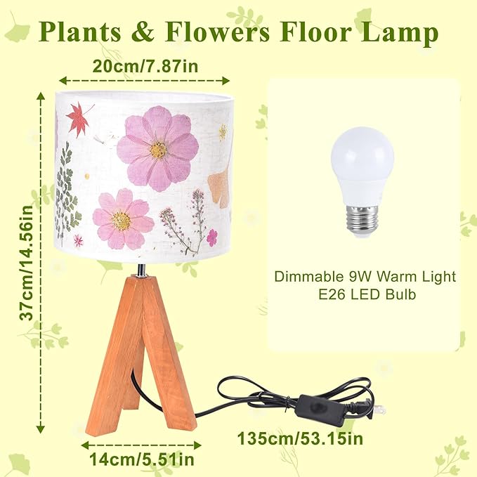 Dried Flowers Tripod Table Lamp 14.56in, 9W LED Dimmable Cute Bedside Lamp with Flowers Linen Lampshade for Nursery, Bedroom, Kid Room, Living Room, Light Brown Wooden Base