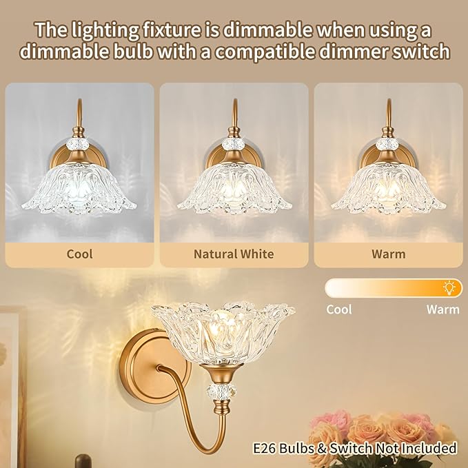 1 Piece Vintage Wall Sconce with Floral Clear Glass Shade, Matte Deep Brass Finish Wall Mount Lighting for Bathroom,Vintage Bathroom Vanity Light Fixture