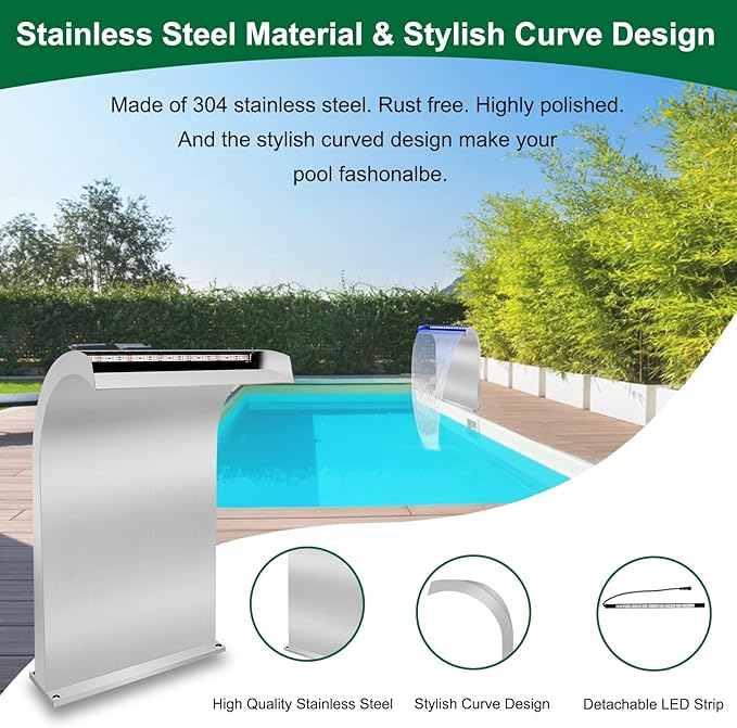 LONGRUN Waterfall Spillway Stainless Steel S-Shaped Pool Fountain, RF & APP Controled Colorful LED Light Pond Waterfalls for Indoor Outdoor Garden Rockery Koi Pond Swimming Pools-20 Height