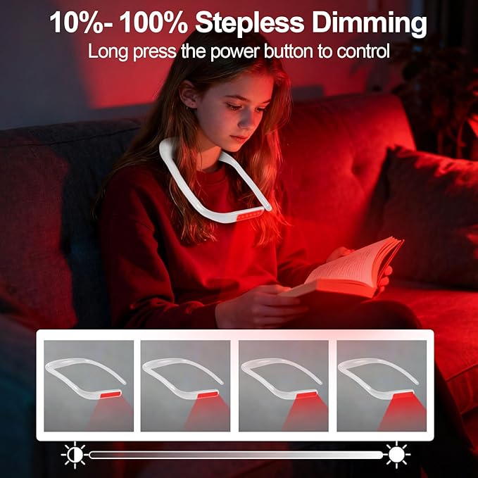 630nm Red Neck Reading Light - Zero Blue Light, Rechargeable Dimmable Portable LED Red Neck Book Lamp for Reading, Crafts, Crochet at Night, Ideal Gift for Readers and Craft Lovers（White