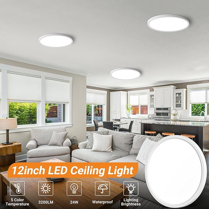 slochi 8Pack LED Flush Mount Ceiling Light Fixture, 12 Inch 24W, 3200LM, Super Slim 0.7 Inch, 3000K-6500K Adjustable Low Profile LED Ceiling Lights for Bedroom, Kitchen, Hallway(White)