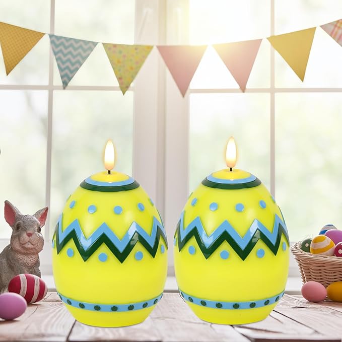 Eldnacele Easter Flameless Candles with 6H Timer, Battery Operated Egg Shaped 3D Wick Flickering Candle Real Wax Yellow LED Candles for Easter Party Spring Dinner Decor(2.4"×6.3")