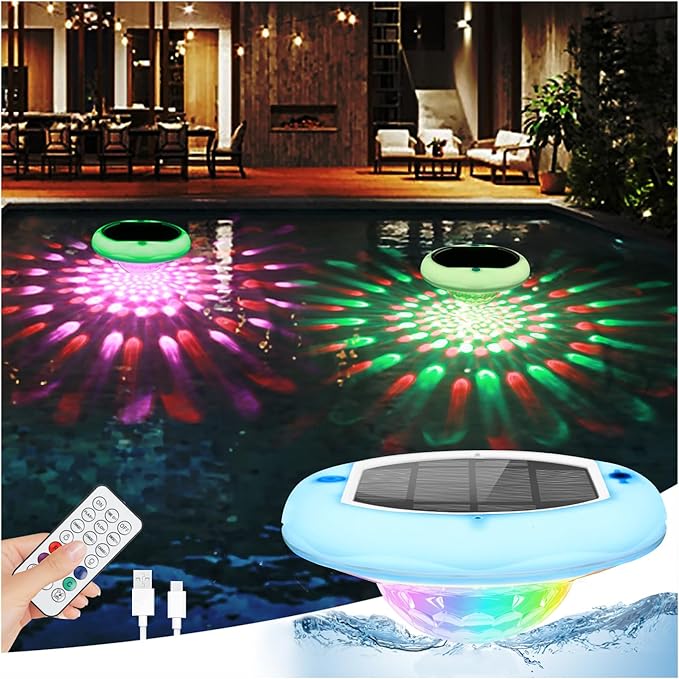 Solar Pool Lights(1 Pack), USB Rechargeable Floating Pool Lights with Remote, 6.69 Inch 2600mAh IP68 Waterproof RGB 6 Dynamic Modes Upper and Lower Glow Hangable Pool Lights that Float
