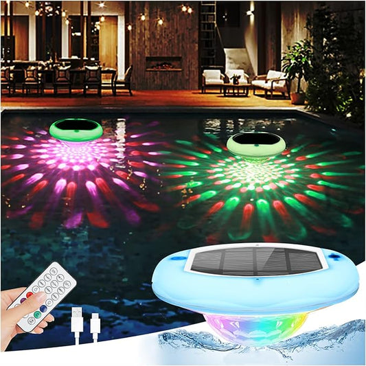 Solar Pool Lights(1 Pack), USB Rechargeable Floating Pool Lights with Remote, 6.69 Inch 2600mAh IP68 Waterproof RGB 6 Dynamic Modes Upper and Lower Glow Hangable Pool Lights that Float