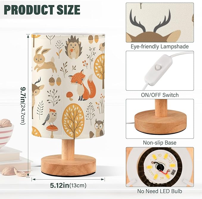 Bedside Table Lamp Woodland Animals Nightstand Lamp with Wood Fox Owl Deer Buuny Trees Leaves Desk Lamps for Bedroom Living Room Nursery Office Home Decor