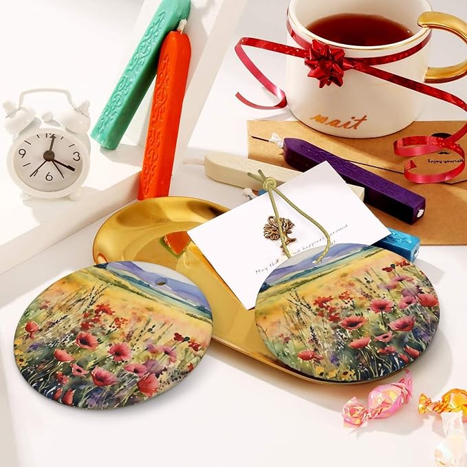 Watercolor Poppy Flowers Field Christmas Ornaments, Christmas Decorations Xmas Tree Hanging Ornaments, Round Ceramic Festive Keepsake Gift for Christmas Decorations Holiday Home Party Decors