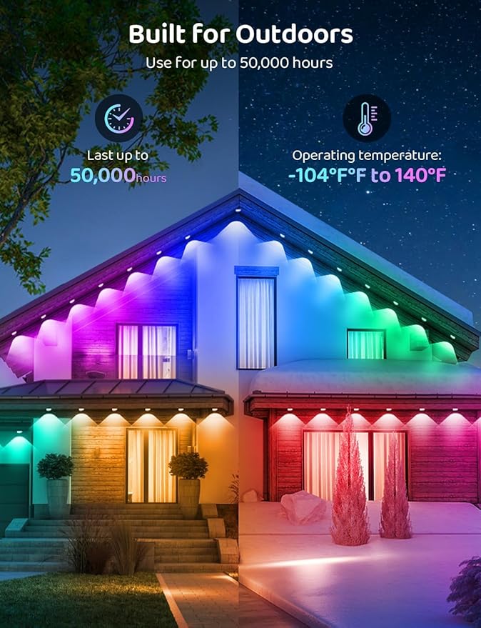 200FT IP68 WiFi DIY Design Permanent Outdoor Light,Arbitrary Trimming Smart RGB+IC Waterproof LED Eaves Lights for Christmas Decorations,Halloween,Compatible with Alexa,Google Assistant