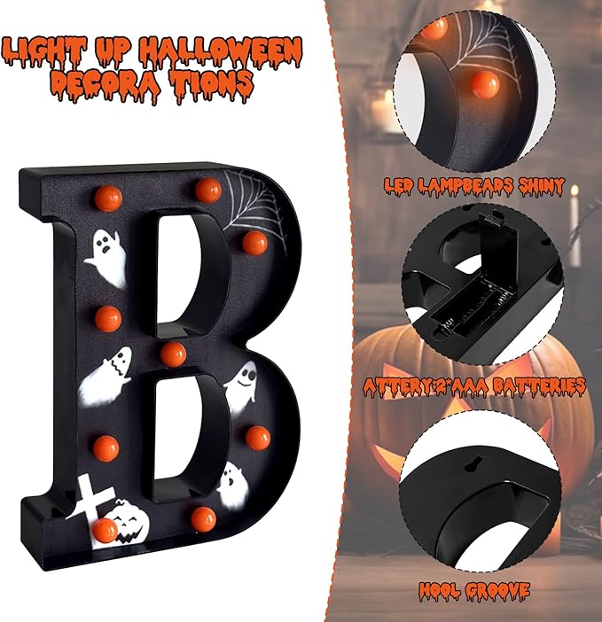 Halloween Lights Indoor Decorations - Battery Operated Boo LED Letters for Wall, Home, Party Room Halloween Decor