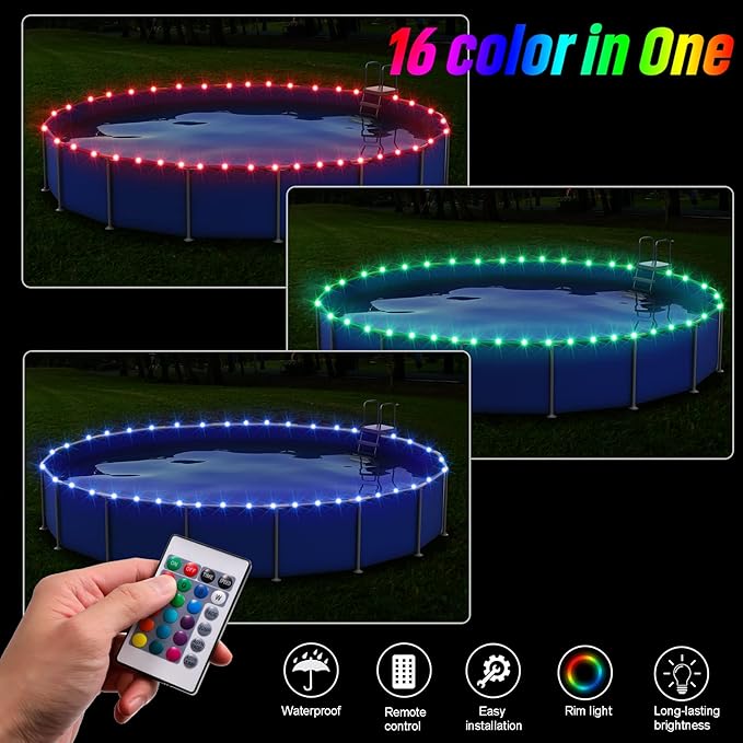 Remote Control LED Pool Lights for Above Ground Pools, 18Ft Submersible LED Rim Lights, C Battery Box, 16 Color Changing at Night, Waterproof