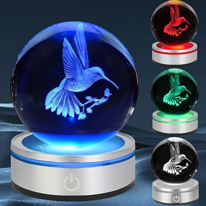 3D Hummingbird Crystal Ball Night Light with LED Colorful Touch Base 3.15 in Hummingbird Figurine Glass Sphere Lamp for Birthday Christmas, Cute Hummingbird Home Decor Gifts for Kids Teens Women