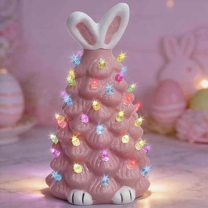 Cute Ceramic Easter Tree Bunny Decor, Light up Easter Bunny Decor Spring Decorations for Indoor Bedroom Office Decor Tabletop for Kid Gifts (Pink)