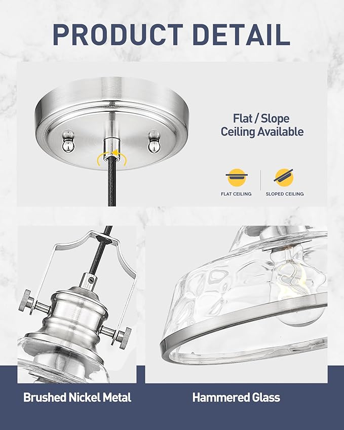 kudos 2 Pack Pendant Lights Kitchen Island, 11" Large Brushed Nickel Kitchen Island Lighting with Hammered Glass Shade, Industrial Hanging Light Fixture for Kitchen Sink Dining Room, KDPL13-BN-H-2PK