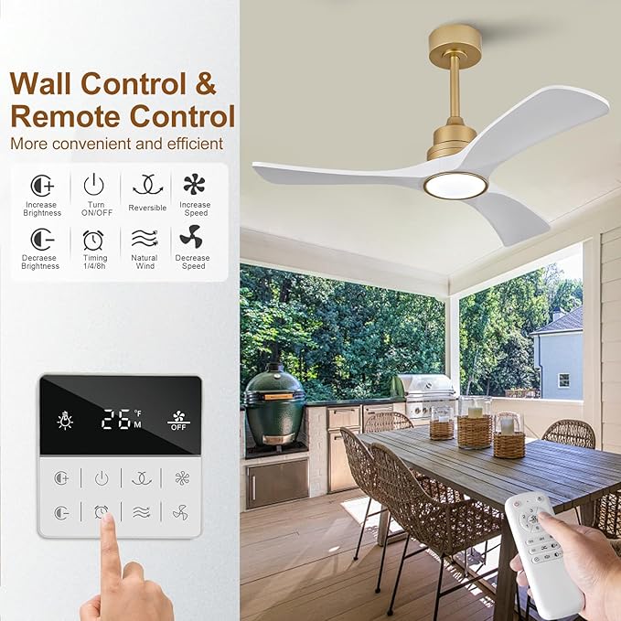 White Gold Ceiling Fans with Lights,42 inch Solid Wood Ceiling Fan with Remote Control,Wall Switch,Dimmable,Reversible,Power Off Memory Modern Ceiling Fan for Bedroom Patio Indoor/Outdoor Use