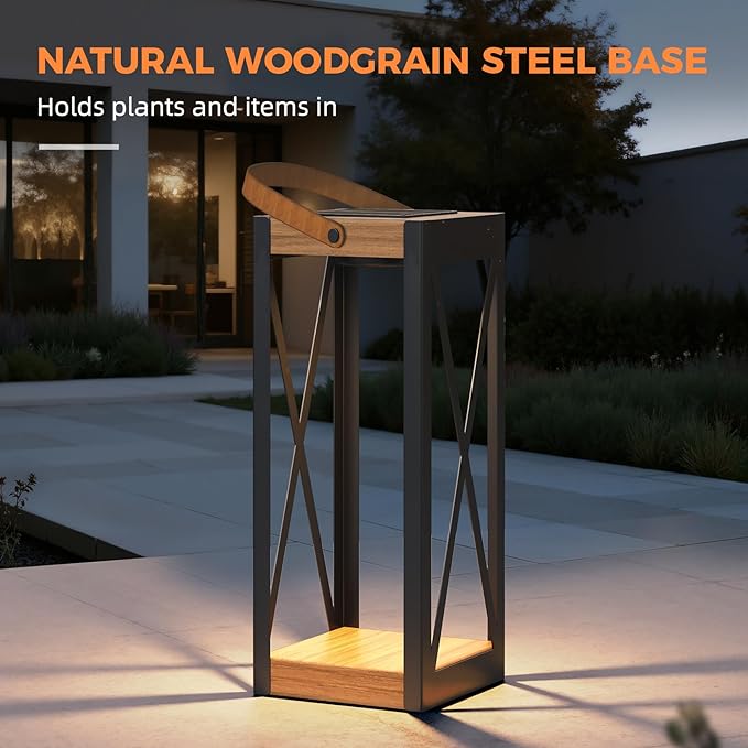 Solar Yard Outdoor Floor Lamp Solar Powered Light with 50/100 Lumens Dual Brightness & Memory Mode, Patio Waterproof Metal Solar Lantern with Handle, Plant Decor for Patio, Yard, Porch, Large X-Black