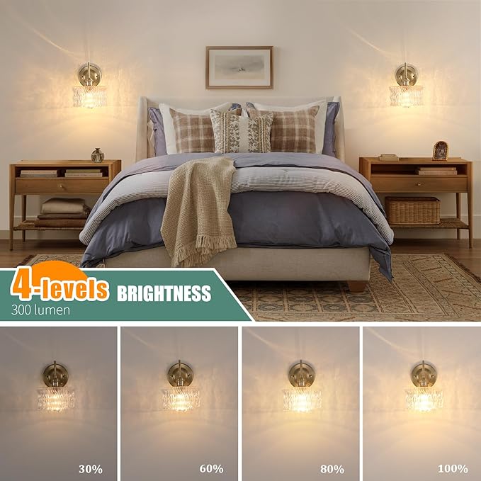 Battery Operated Wall Sconce Set of 2, Vintage Rechargeable Wall Lights with Clear Ripple Glass Shade, Wireless Indoor Wall Lamp with Remote for Bedroom Living Room Bathroom