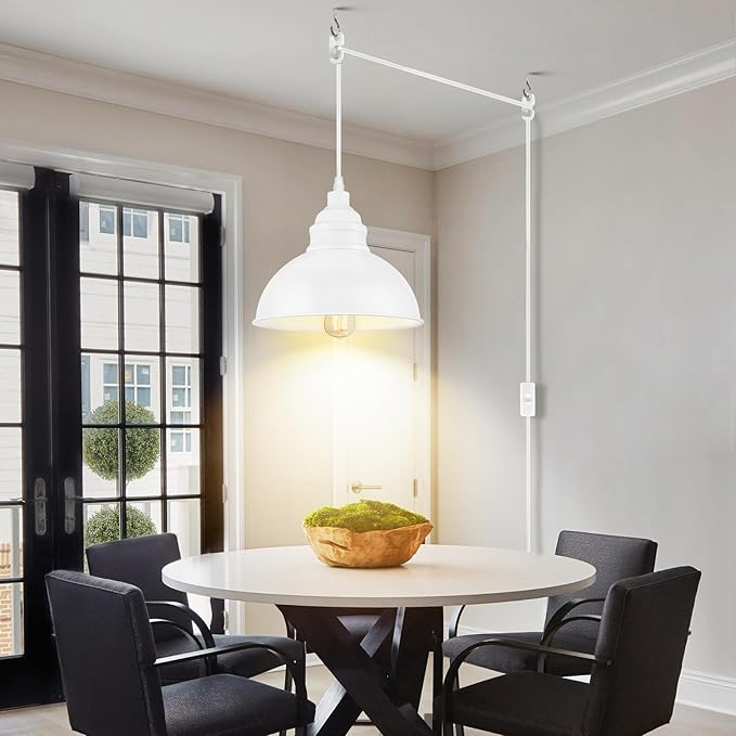 Plug in Pendant Light, 15FT Hanging Lights, On/Off Switch, Industrial Pendant Light with Plug in Cord, Metal Hanging Lamps for Living Room, Kitchen, Dining Room White