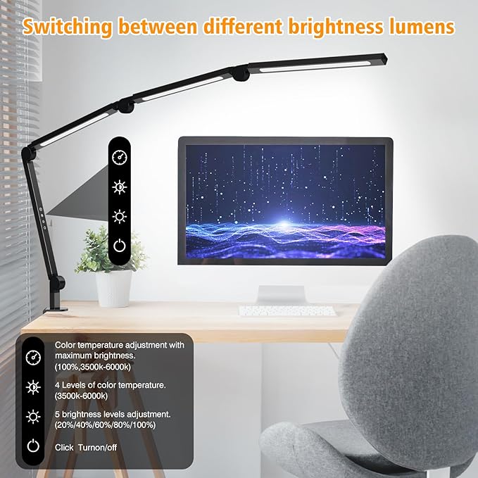 LED Desk Lamp with Clamp,Adjustable Swing Arm Desk Lamps for Home Office,Dimmable Tempering Eye Care Desk Light Bright Modern Led Table Lamp for Nail Tech Architect,Flexible Tall Task Table Light