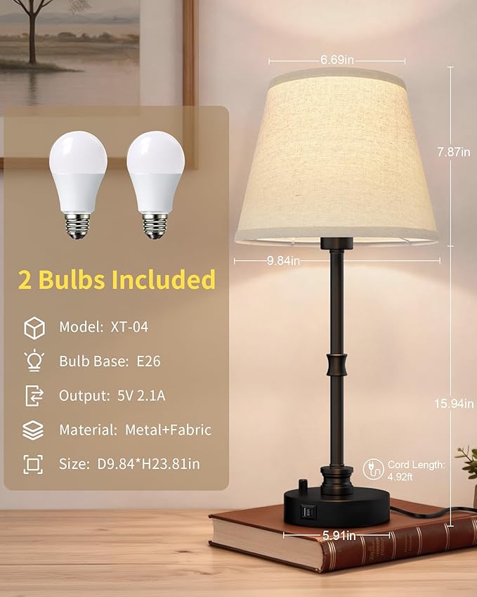Set of 2 Farmhouse Table Lamps with Linen Shades, 23.8" Bedside Lamps with USB A+C Charging Ports & Plug-in, 3-Way Rotary Dimming Nightstand Lights for Bedroom Living Room, Rustic Reading Pair