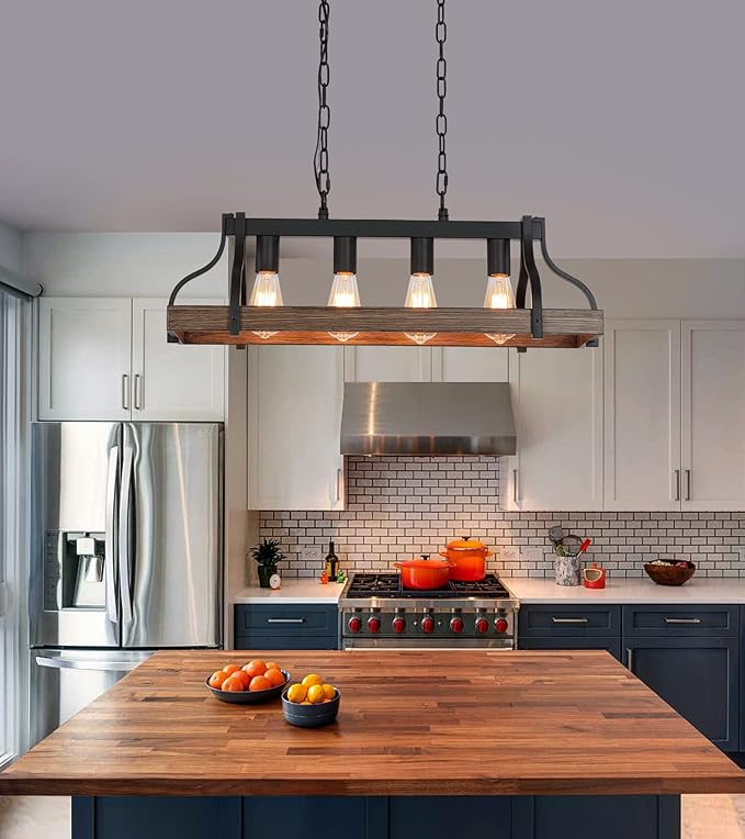 Rustic Kitchen Island Dining Room Light Fixture Farmhouse Linear Chandelier Black and Retro Wood Finish 4-Light Industrial Metal Hanging Pendant Light UL Listed L28.3 W10.6