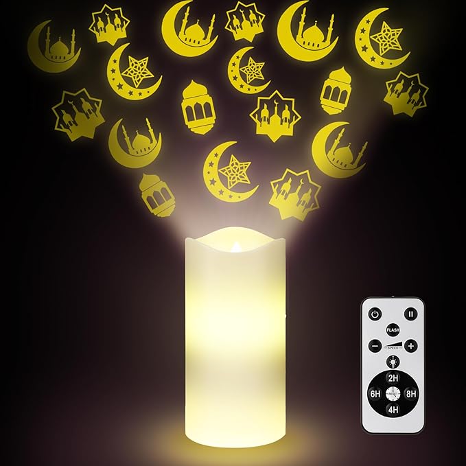 Baquler Ramadan Flameless Candles Projector Light Eid Mubarak LED Candle Battery Operated Star Moon Night Light with Remote and Timer Eid Mubarak Electric Gifts Ramadan Decoration for Home Room Decor