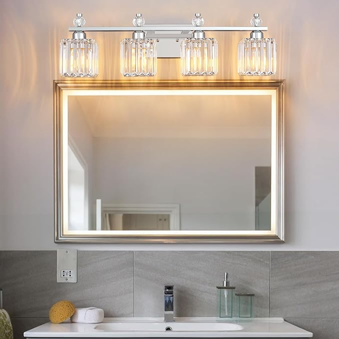 Vanity Lights 4-Light Modern Crystal Vanity Light Chrome Bathroom Light Fixtures Over Mirror Crystal Bathroom Vanity Lighting Fixtures