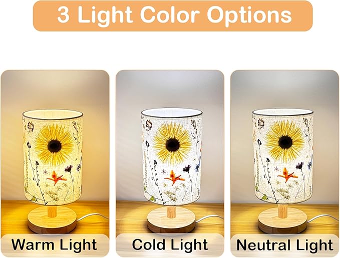 Dried Flowers Table Lamp,5w Led 3-Color Pressed Floral Beside Lamp,Cute Vintage Linen Shade Desk Lamp for Bedroom Office with Wood Base