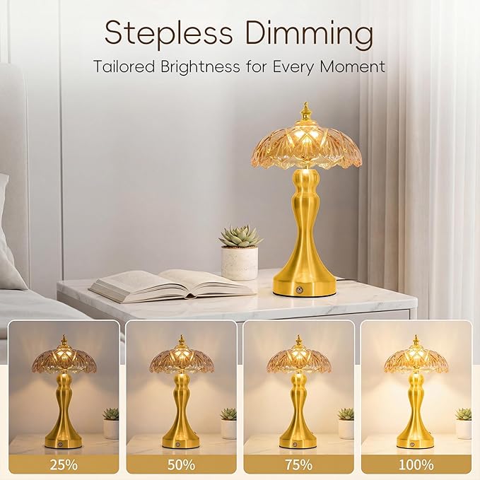 Cordless LED Table Lamp with Glass Shade, 3-Level Brightness & 3 Color Temperatures Touch Control, Rechargeable Portable Bedside Lamp for Nightstand Bedroom Living Room (Amber)