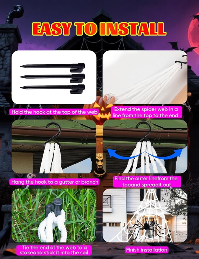 Spider Webs Halloween Decor Lights - 450 LEDs Outdoor Halloween String Lights with 60" Light Up Spider,8 Modes Remote Control 16.4Ft Spiderweb,Waterproof (New Orange-Purple Grid Luminous Net)