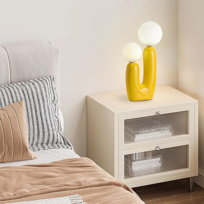 Yellow Cactus Shape Table Lamp Creative Resin 2 Lights Nightstand Lamp 3 Colors Creamy Globe Glass Dimmable Light Fixture for Bedroom Living Room Kid’s Room Office Cafe
