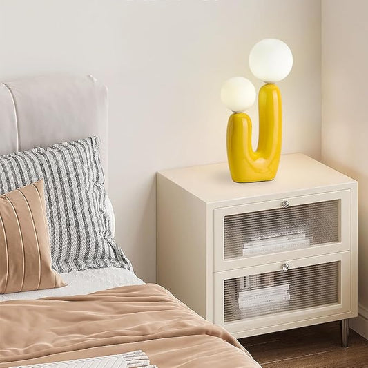 Yellow Cactus Shape Table Lamp Creative Resin 2 Lights Nightstand Lamp 3 Colors Creamy Globe Glass Dimmable Light Fixture for Bedroom Living Room Kid’s Room Office Cafe