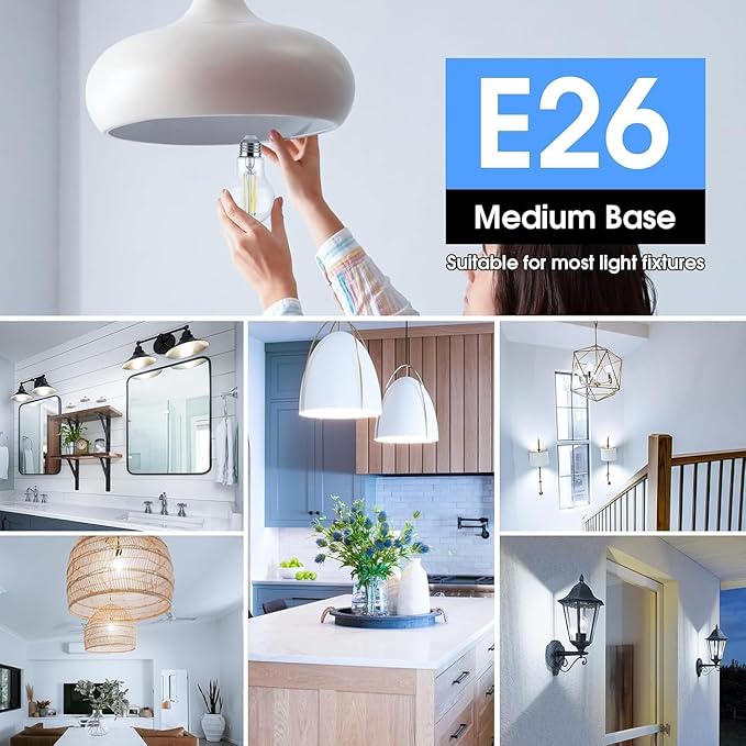 VOLIVO 6 Pack A19 Vintage LED Edison Bulbs, Dimmable, 60W Equivalent, High Brightness 5000K Daylight, Ultra-Bright, 8W E26 Standard Base, CRI80+, 800Lumens, Clear Glass Filament Bulb for Home