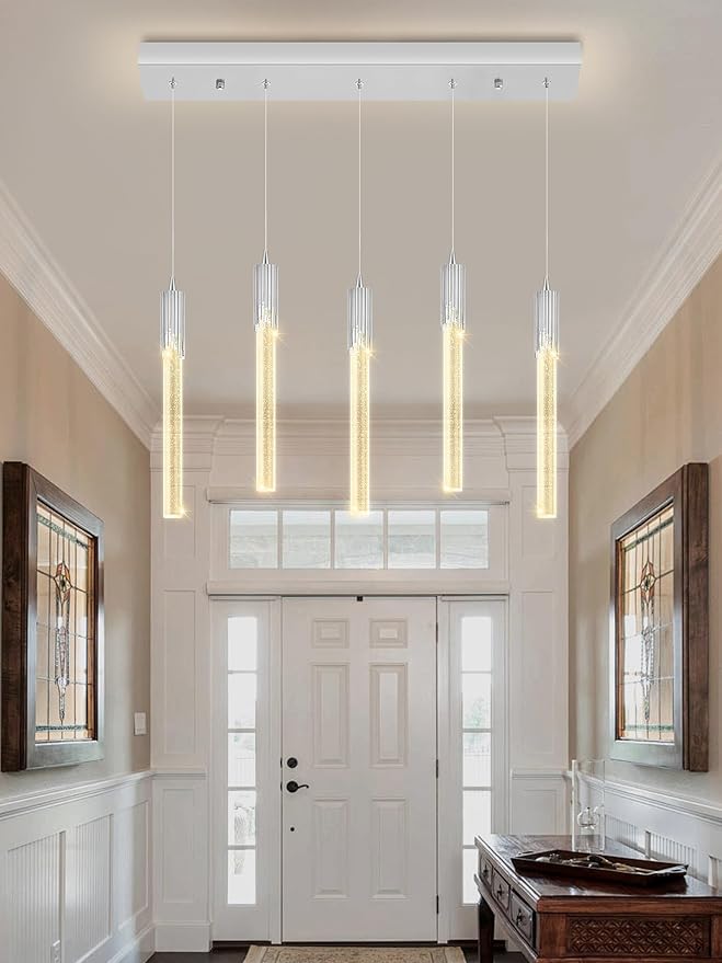 Flashing God 5-Lights Rectangular Pendant Lights for Kitchen Island Chrome Linear Crystal Chandelier Modern Chandeliers for Kitchen Island Dining Room