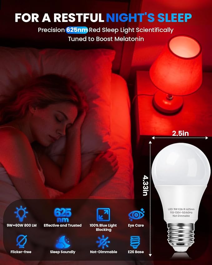 Red Sleep Light Bulbs: A19 9W 625nm Red Light Bulbs for Sleeping, 100% Blue Light Blocking Dim Light Bulbs 60W Equivalent, E26 LED Bulbs for Mood Soothing, Bedroom and Baby Nursery, 2 Pack