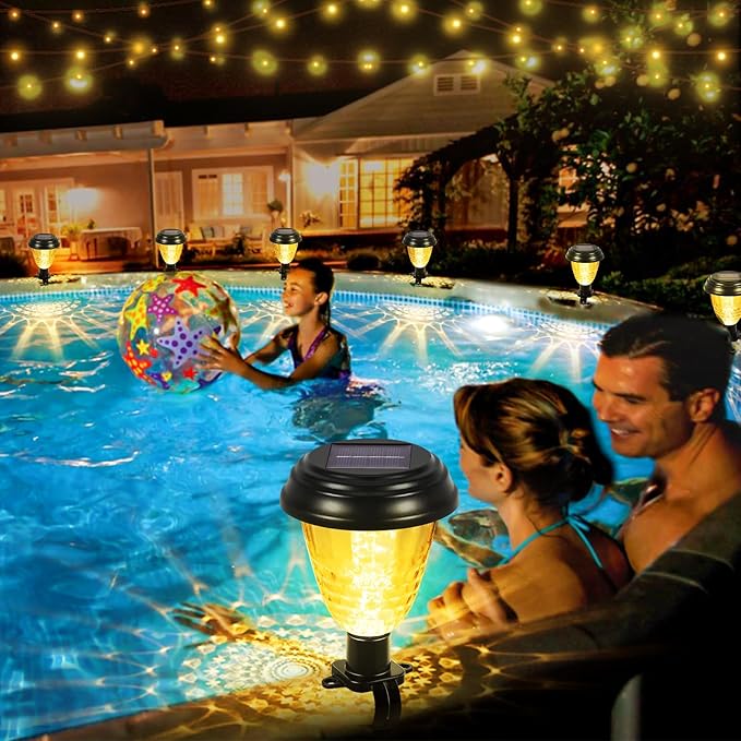 8 Pack Solar Pool Lights for Above Ground Pools, IP65 Waterproof LED Solar Charging and Auto Lights at Night, Essential Accessory for Summer Backyard Fence, Swimming Pool Enclosure Warm Lighting
