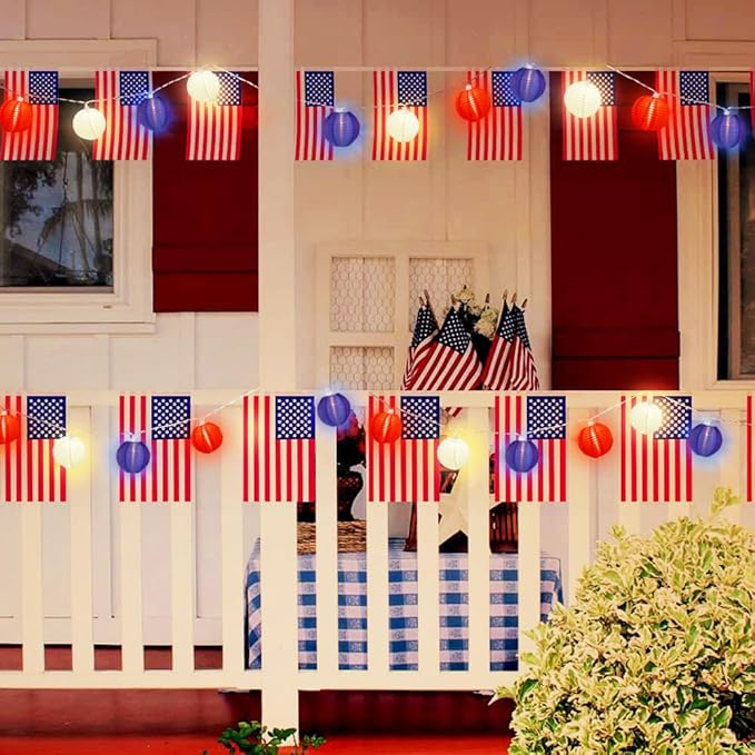 SUNSGNE Red White Blue Lantern String Lights 8.5Ft, Multicolor Lantern Decoration Lights with 10 Red White and Blue Lanterns for Patio Backyard Garden Memorial Day Presidents Day Decor