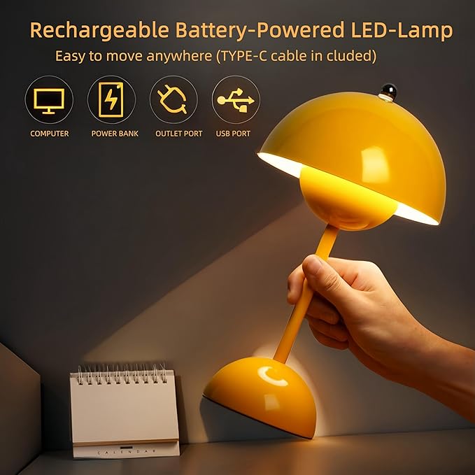 Flower Bud Lamp Modern Flowerpot Cordless Mushroom Touch Table Lamp 3 Mode Dimmable Rechargeable Desk Lamp for Bedroom(Yellow)