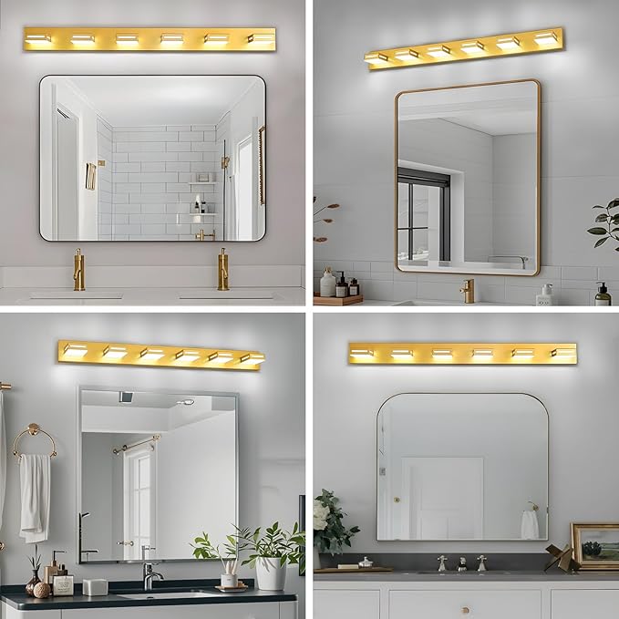 48-Inch 6-Light LED Modern Gold Bathroom Vanity Light Fixtures Over Mirror, Bathroom Lighting Fixtures with Cool White 6000K, Vanity Wall Lights for Bath Restroom Powder Room