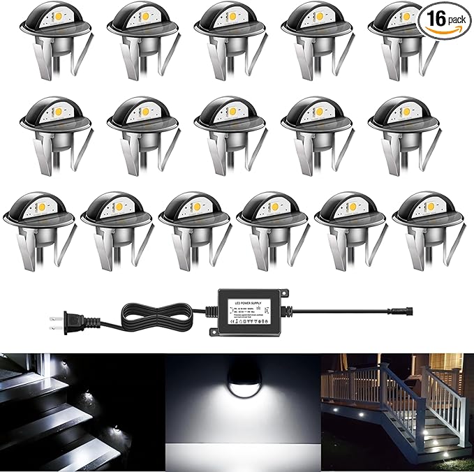RNEHON LED Outdoor Deck Lights Kit, Φ1.38 Low Voltage 12V DC IP65 Waterproof, Recessed Landscape Lighting for Garden,Yard,Steps,Stair,Patio,Floor Decoration(16PCS, Cold White)