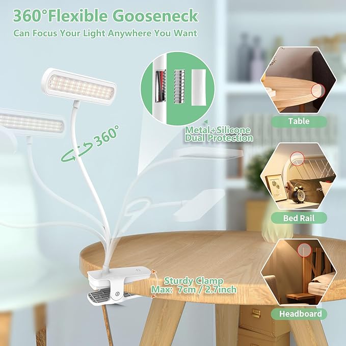 deaunbr Clip on Light, Reading Lights for Books in Bed, Eye Caring 66 LEDs Book Lights, 4 Brightness & Multiple Color Temperatures LED Desk Lamp Rechargeable Night Lamps for Home, Office and Dorm