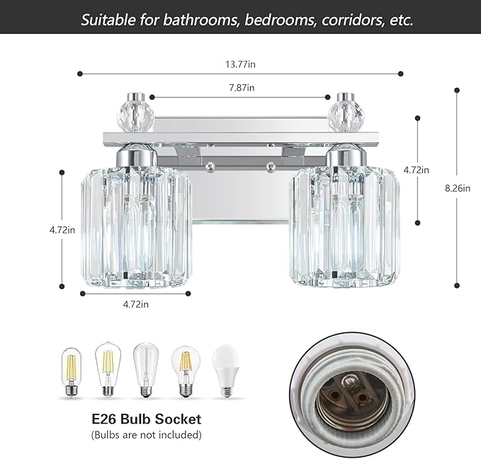 Bathroom Vanity Lights 2-Light Chrome Modern Crystal Vanity Light Fixtures Over Mirror Crystal Bathroom Vanity Lighting Fixtures