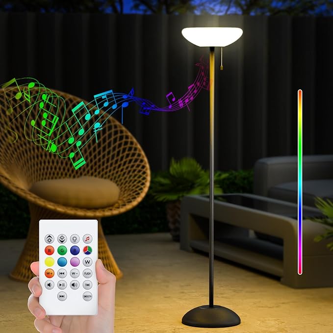 Solar Outdoor Floor Lamp USB Portable Speaker Dimmable LED Rechargeable RGB Warm White Lights for Yard Garden Patio(Cone Base)