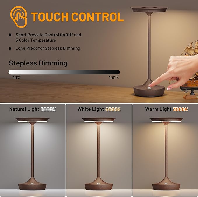 LED Cordless Table Lamps Rechargeable - Outdoor 6000mAh Battery Operated Portable Tables Light 3 Color Stepless Dimming Lamp with Memory Function for Patio Restaurant Dining Rust
