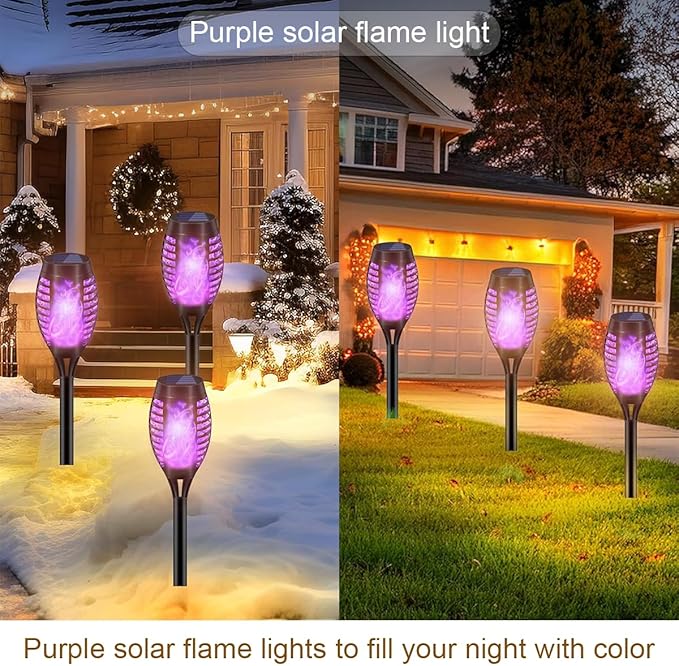 8 Pack Solar-Powered Flashlight Torches for Outdoor use, Dancing and Flickering Flame Torches for Landscape Decoration, Suitable for Paths, lawns, terraces (Purple)