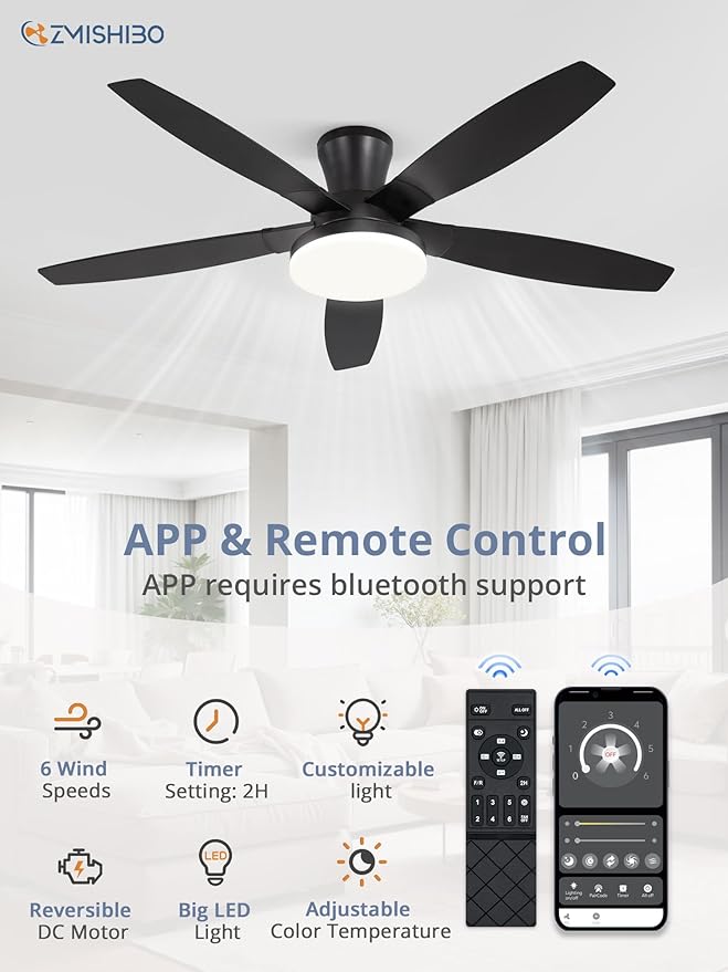 ZMISHIBO 52 inch Ceiling Fans with Lights and Remote/APP Control,Black Low Profile Ceiling Fan with Light,Quiet DC Motor,LED Dimmable, Modern Flush Mount Ceiling Fan for Bedroom Indoor/Outdoor Patio