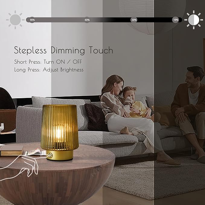 Cordless Lamp Rechargeable Battery Operated lamp, Glass Small Table lamp - Portable Dimmable Brightness Touch Wireless Bedside Lamp for Bedroom/Kitchen/Entryway/Home Living Room Decor, Yellow