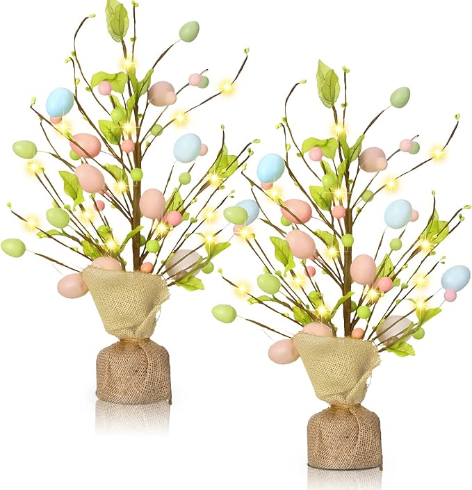 Marsui 2 Pcs Easter Egg Tree Decorations 18 Inch Pre Lit Easter Egg Tree Tabletop Decor with LED Light Spring Party Decoration Gifts for Home Table Centerpieces Pastel Blue Pink Yellow