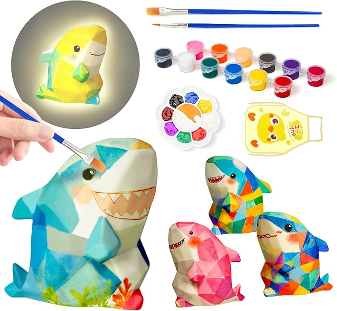 Paint Your Own Shark Lamp Kit, Arts and Crafts for Kids Ages 8-12, DIY Shark Night Light Girls Gifts, Art Supplies Painting Craft Kits for Kids, Gifts for Kids Birthday Ages 3 4 5 6 7 8 9 10 11 12+
