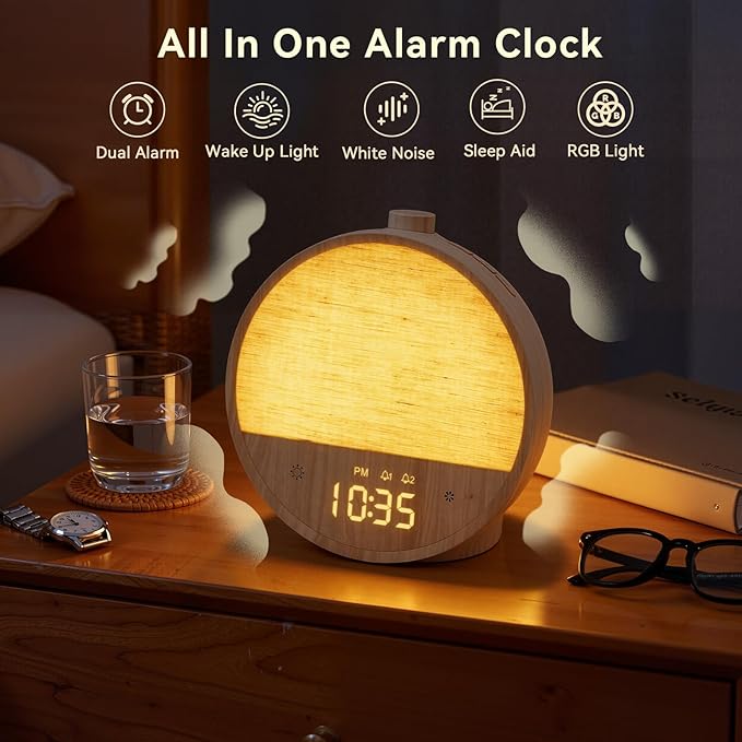 Vivilumens Wood Grain Sunrise Alarm Clock, Gentle Wake-Up Light Sound Machine, Dual Alarms for Heavy Sleepers, Natural Sounds, RGB Mood Light, Dimmable Bedside Night Lamp, Ideal for Bedroom & Gifts